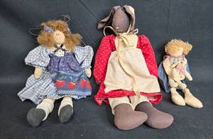 lot 76 image: Set of 3 Handmade Fabric Dolls with Unique Outfits
