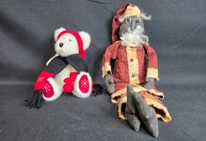 lot 81 image: Holiday Plush Bear and Vintage Santa Doll Set