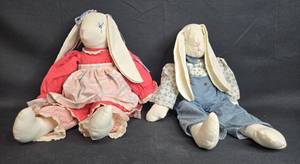 lot 83 image: Set of 2 Handmade Soft Bunny Dolls in Vintage Clothing