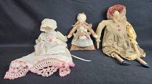 lot 85 image: Collection of 3 Vintage Handmade Cloth Dolls with Accessories