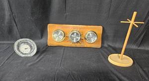lot 45 image: Collection of Vintage Clocks Crystal Clock, Barometer, and Wooden Stand untested