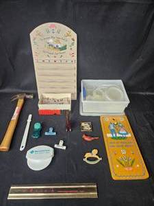 lot 117 image: Collection of Vintage Household Items including Wooden Plaque and Hammer