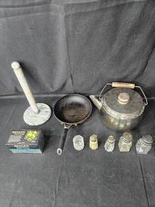 lot 119 image: Kitchen Essentials Lot Calphalon Frying Pan, Vintage Tea Kettle, and Spice Containers