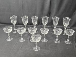 lot 121 image: Set of Vintage Etched Glass Stemware Glasses