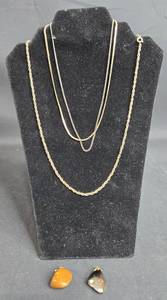 lot 140 image: Set of Gold Tone Chains with Natural Stone Pendants