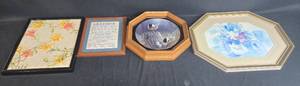 lot 167 image: Set of 4 Decorative Framed Artwork Including Floral Stitching, Grandma Poem, and Bird Plate