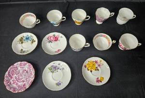 lot 126 image: Set of Vintage Floral Bone China Cups and Plates from Various Makers