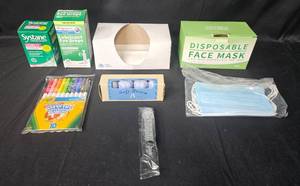 lot 133 image: Assorted Health and Office Supplies Lot Including Eye Drops, Face Masks, and Washable Markers