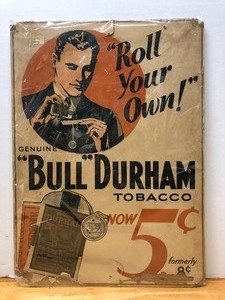 lot 167 image: Original Antique 1920s-30s era Cardboard BULL DURHAM Tobacco Advertising Sign