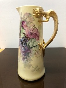 lot 264 image: LARGE Vintage BELLEEK Dragon Handle Hand Painted Pitcher