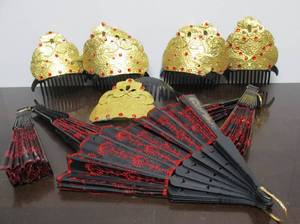 lot 145 image: Ornate Fancy Jeweled Gold Foil Hair Clips & Hand Fans