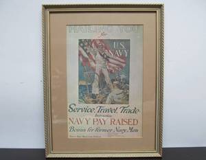 lot 111 image: Vintage Original Navy Recruiting Station Poster Stamped Frame 17.5