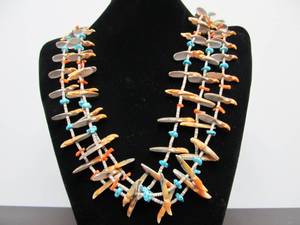 lot 115 image: Wonderful Vintage Southwestern Multi Strand Fetish Necklace wShell Coral & Turquoise