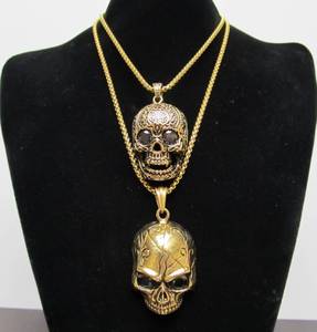 lot 117 image: 2 Large Heavy Gold Plated Stainless Steel Skull Pendant Necklaces