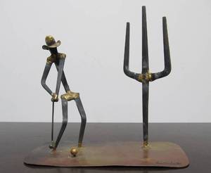 lot 130 image: Vintage Signed RON DIRLAM Southwestern  Arizona Golf Sculpture wCactus