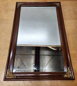 lot 299 image: Very Nice Antique Beveled Oak Wall Mirror wOrnate Brass Corner Hardware