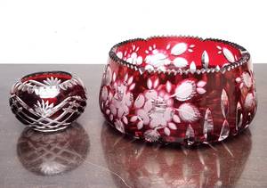 lot 162 image: 2 Pieces of Old Vintage Cut-To-Clear Cranberry Bohemian Glass