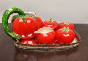 lot 273 image: Vintage 1950s era Pantry Parade Tomato Ceramic Kitchen Set - Creamer Salt Pepper Pitcher etc