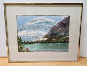 lot 336 image: Nice Framed Vintage Original Watercolor Landscape Painting wFisherman