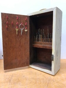 lot 358 image: Neat Old Wooden Tool Organizing Cabinet for Drill Bits & Keys