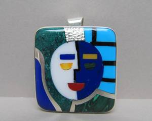 lot 2 image: Signed Multi-Stone Inlaid Sterling 950 Silver Face Pendant