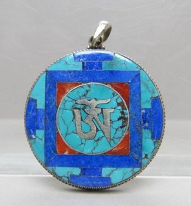 lot 6 image: Impressive Vintage Tibetan Sterling Silver wInlaid Turquoise & Lapis Pendant