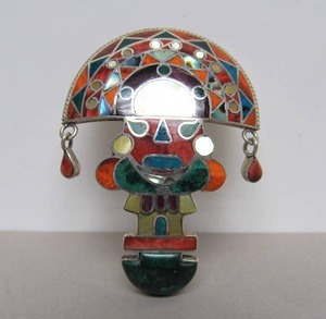lot 8 image: Impressive Vintage Peruvian Multi-Stone & Pearl Inlaid 950 Silver Pendant