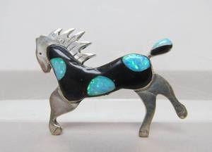 lot 18 image: Whimsical Opal Enameled Running Horse Sterling Silver Brooch Pendant