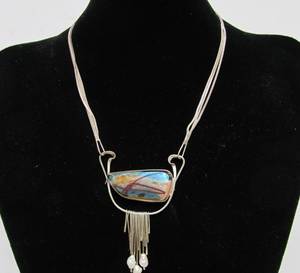lot 25 image: Gorgeous Sculptural Sterling Silver Iridescent Glass & Genuine Pearl Pendant Necklace