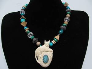 lot 31 image: Fantastic Beaded Silver & Carved Mammoth Tusk Cat Pendant Necklace by Susan Tereba - New with Tags