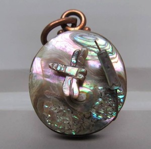 lot 39 image: Excellent Signed Southwestern Copper & MOP Pendant wDragonfly by Gomeo Bobelu - Zuni