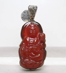 lot 47 image: Sterling Silver & Carved Oriental Carnelian Buddha Pendant - Unused wTags
