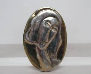 lot 52 image: Signed Modernist Sterling Silver Brooch wPortrait of a Woman - Signed RB