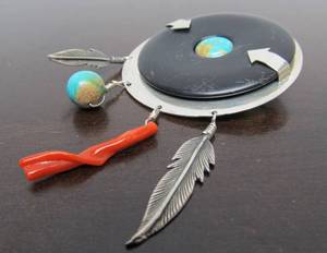lot 57 image: Excellent Sterling Southwestern Brooch wCarved Jet Turquoise Coral etc