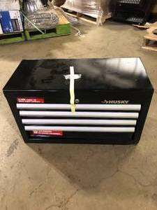 lot 12 image: Husky 26 in. W x 12 in. D Standard Duty 4-Drawer Top Tool Chest in Gloss Black Damaged  Customer Returns See Pictures