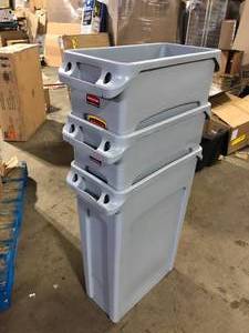 lot 48 image: Rubbermaid Commercial Products Slim Jim 23 Gal. Gray Vented Trash Can (3-Pack) Customer Returns See Pictures