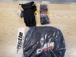 lot 216 image: Castle Platform Cold Shield Gloves Womens Large Black, Castle standard helmet bag Black with logo, and a pair of Castle Merino socks BlackGray size Large