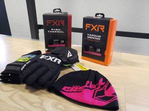 lot 221 image: FXR Pyro Thermal Long sleeve base layer Womens L, FXR Vapour Merino base layer Womens L, FXR gloves YOUTH Med, FXR Turbo Athletic socks, & Castle beanie hat
