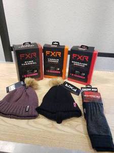 lot 226 image: Womens Lot - FXR Pyro Thermal pants Black size Small, FXR Vapour Merino pants Black size Large, FXR Endeavor Merino pants size Medium, 2 FXR Sonic Beanies (Black and Muted Grape) and a pair of Motorfist Subzero socks