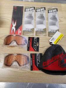 lot 227 image: Castle beanie Gray  Red, 2 Fly Racking Dual replacement lens Amber, and 4 packages of tear-offs