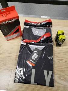 lot 233 image: Fly Racing 2 - F16 Jerseys 3XL, Fly Racing Light Weight base layer pants 2X, and d2 Castle Thermatex Balaclavas