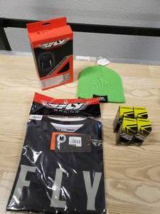 lot 234 image: Fly Racing F-16 Jersey  BlackGray - Medium, Fly Racing Light Weight base layer Top size Small, Artic Cat beanie and 4 Castle Thermatex Balaclavas