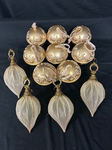 Set of 8 Felt and Gold Colored Bells (Metal) and 4 Gold Rugby Christmas Ornaments