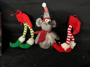 Decorative Box of Fabric Mice and Elf Leg Ornaments