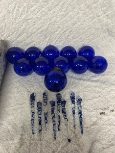 Large Assortment of Blue Glass Ornaments with Decorative Box