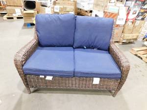 lot 25 image: Gymojoy Carolina Brown Wicker Outdoor Loveseat with CushionGuard Blue Cushions