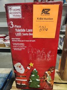 lot 206 image: Home Accents 3-Piece LED Santa, Deer, and Tree Holiday Yard Sculpture 135 Light