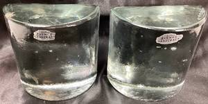 BLENKO Handcraft Half Moon Clear Glass Bookends by Designer Wayne Husted