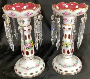 Pair of Bohemian Glass Crystalex Mantle Lusters - Made in Czech Republic