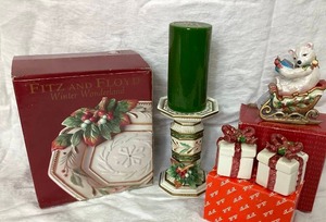 Fitz & Floyd Lot - Old World Santa Lidded Boxes, Pillar Holder and Enchanted Holiday Salt & Pepper